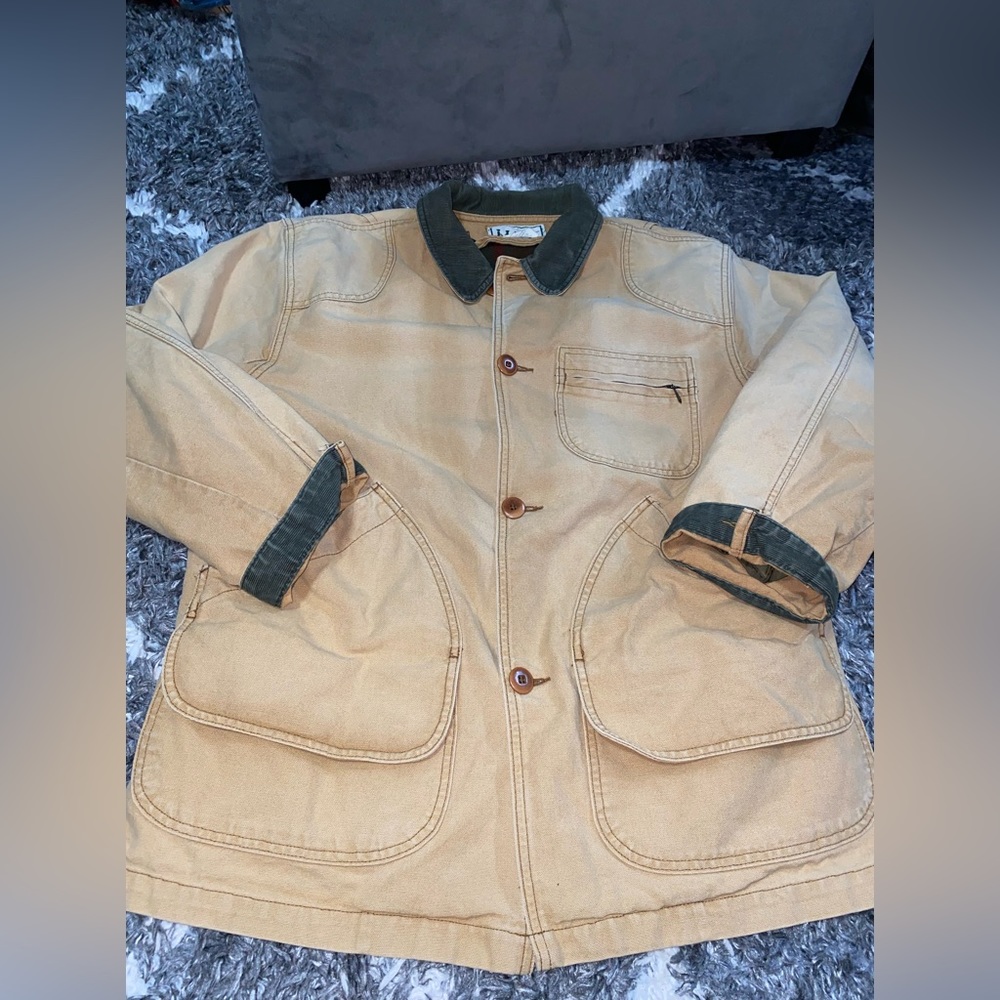 L.L. Bean Tan Canvas Field Jacket with Dark Green Corduroy Collar